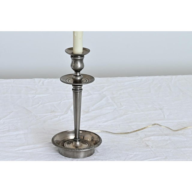 Modern French Vintage Pewter Table Lamp With Custom Linen Shade For Sale - Image 3 of 9