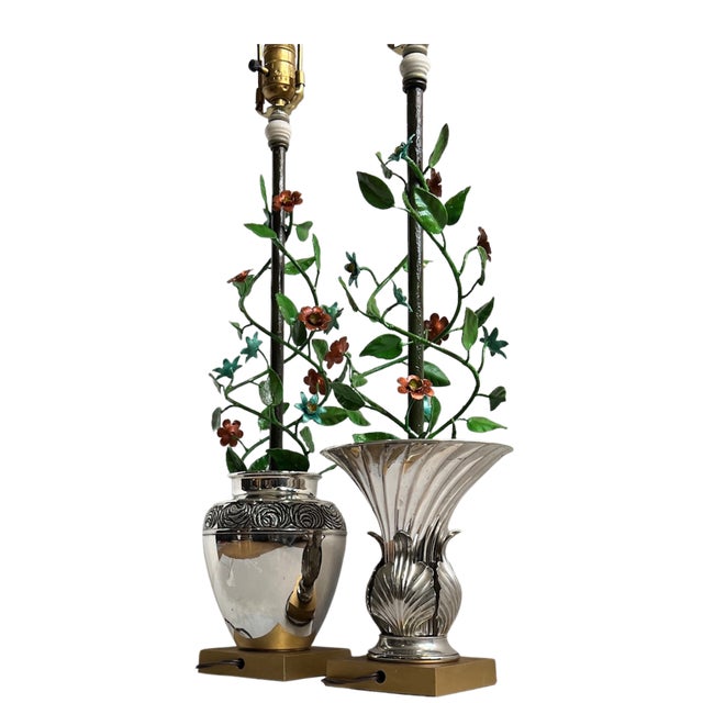 Traditional Vintage Tole Floral Topiary Silver Plate Cache Pot Table Lamp - A Pair For Sale - Image 3 of 18