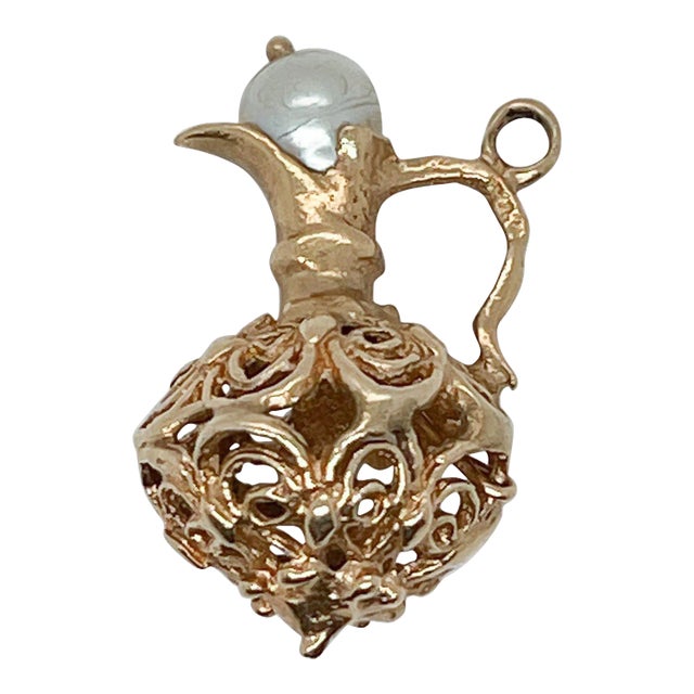 Vintage 14k Gold Pitcher or Wine Ewer with a Pearl Lid Charm for a Bracelet For Sale