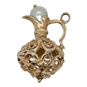 Vintage 14k Gold Pitcher or Wine Ewer with a Pearl Lid Charm for a Bracelet