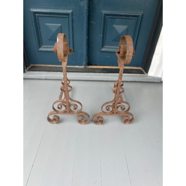 Black Antique Wrought Iron Andirons | Hand-Forged Scrollwork Fireplace Dogs | 26.5” Tall Primitive Hearth Set For Sale - Image 8 of 8