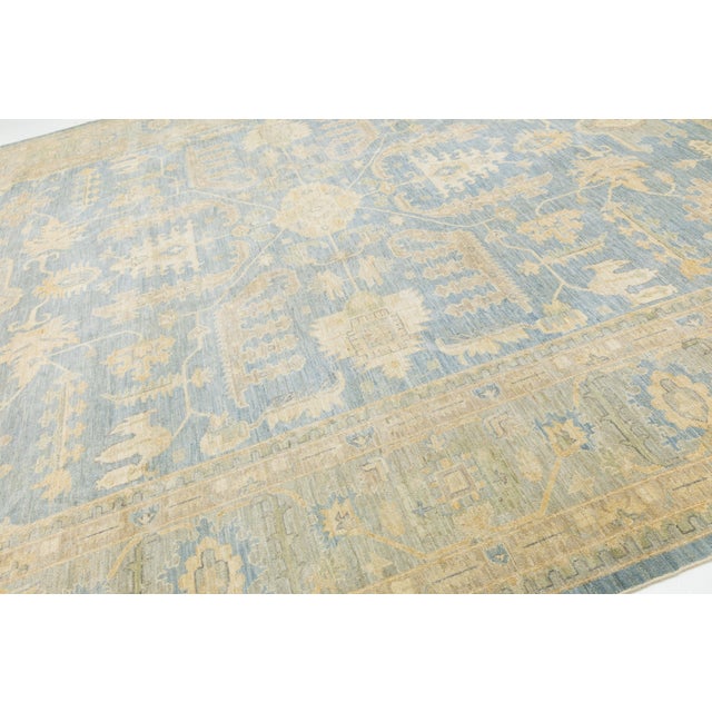 2020s Modern Hand-Knotted Oushak Style Wool Area Rug in Soft Sky Blue and Cream For Sale - Image 5 of 12