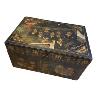 Vintage Black Chinese Lacquered Wood Blanket Chest With Hand-Painted Figural Scenes. For Sale