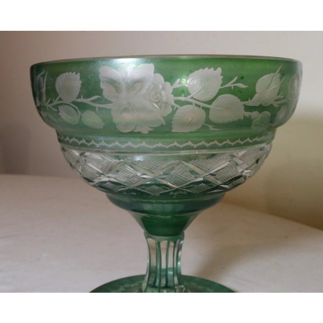 Antique Handmade Cut to Clear Green Crystal Centerpiece Compote Candy Dish Bowl For Sale - Image 4 of 12