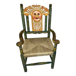 1990s Sun Face Colorful Mexican Hand Carved & Painted Chair With Rush Seat For Sale