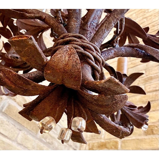 Vintage Italian Tôle Chandelier With Rustic Metal Leaves and Floral Motifs Accented With Crystals, 6 Lights For Sale - Image 4 of 12