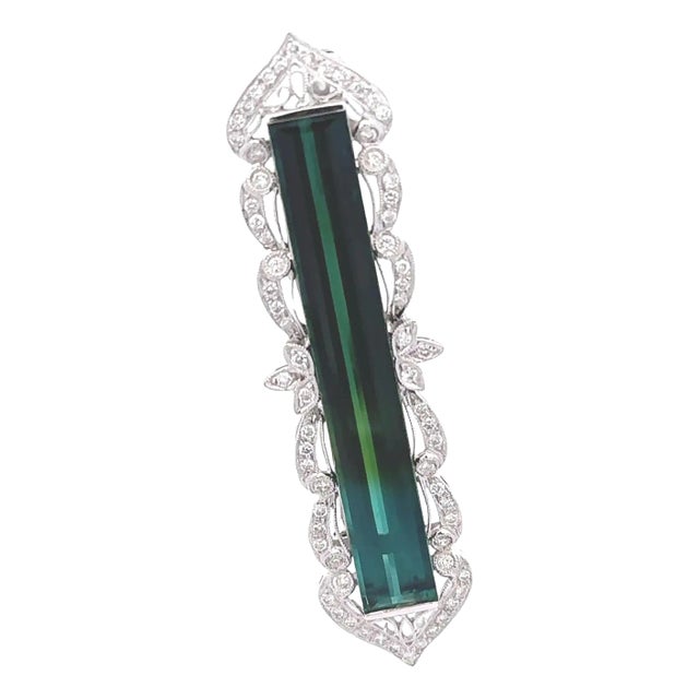 16 Carats Bi-Color Tourmaline Diamond 18k White Gold Antique Style Brooch For Sale