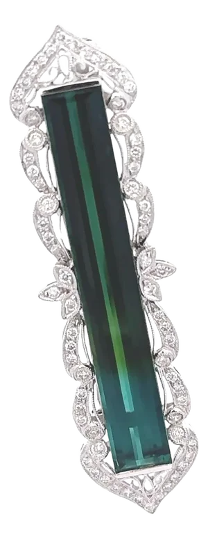 16 Carats Bi-Color Tourmaline Diamond 18k White Gold Antique Style Brooch