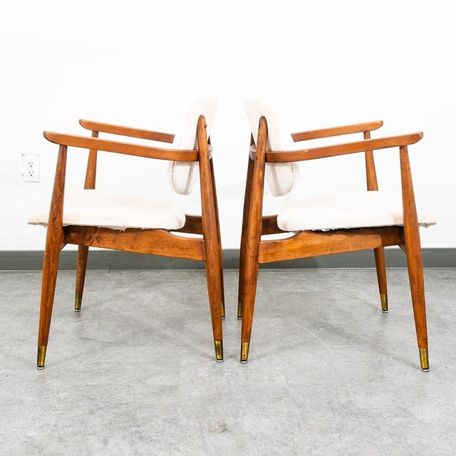 Mid Century Modern Armchairs Dining Chairs Walnut Wood 2 Two White American Pair For Sale - Image 4 of 12