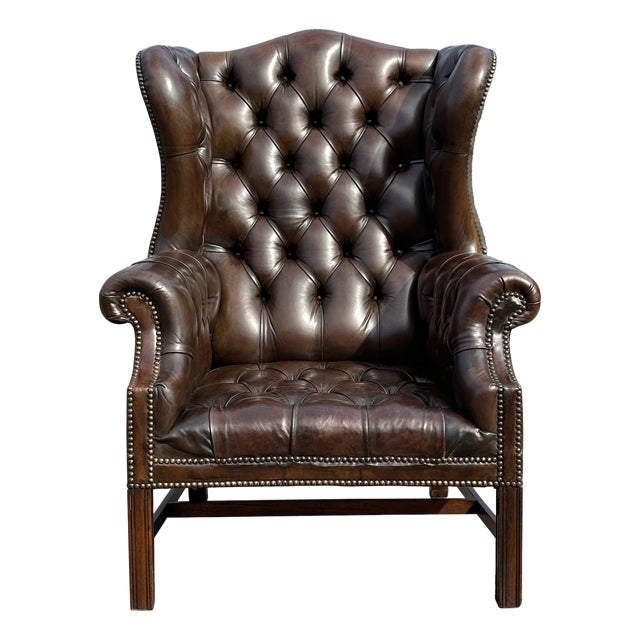 Brown Leather Full Button Wing Back Armchair, 1910 For Sale