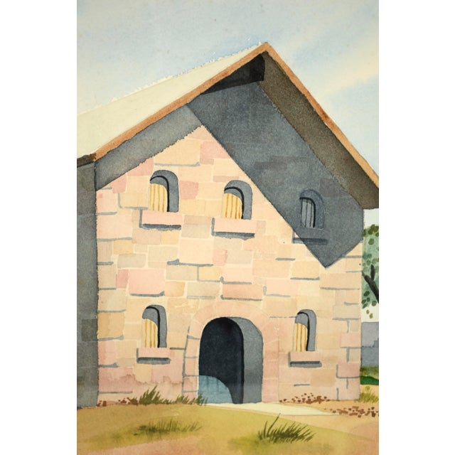 1970s 1970s "Stone Barn on the Hilltop" Landscape Watercolor Painting by Gretchen Guard, Framed For Sale - Image 5 of 9
