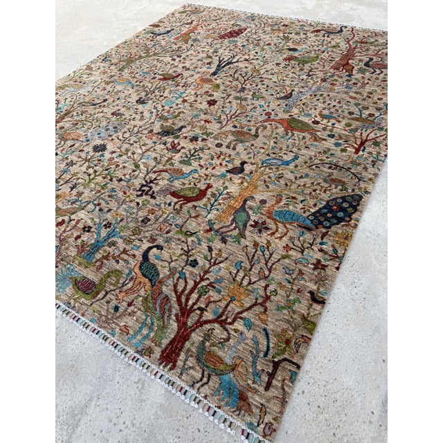 Bird of Paradise Area Rug, Hand-Knotted Wool, Pictorial, 8x10, Beige & Teal For Sale - Image 6 of 11