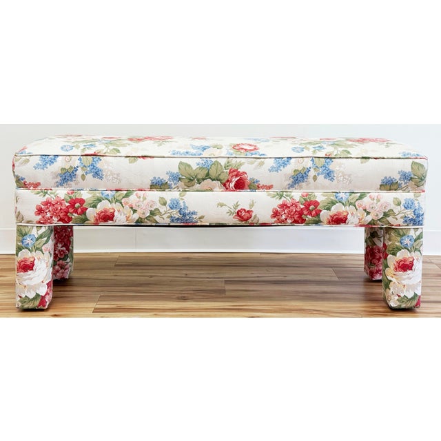 Late 20th Century Vintage Floral Pattern Upholstered Parsons Style Bench For Sale - Image 5 of 11