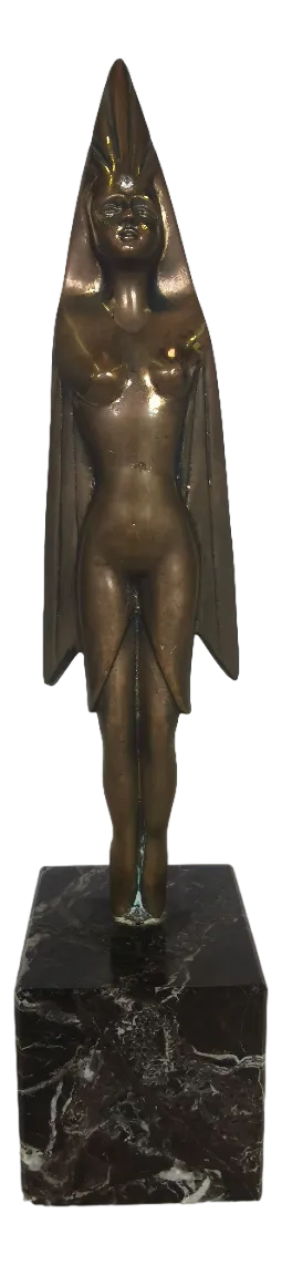 Stylized Female Figure in Burnished and Gilded Bronze on a Black Marquina Marble Base by Franco Russo, 1978