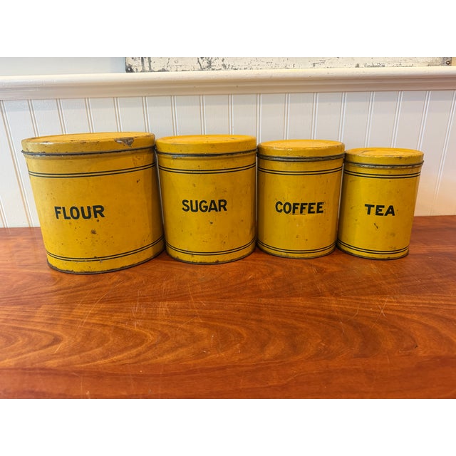 Early 20th Century Bright Yellow Enamel Flour, Sugar, Coffee & Tea Kitchen Canisters – Set of 4 For Sale In Boston - Image 6 of 17