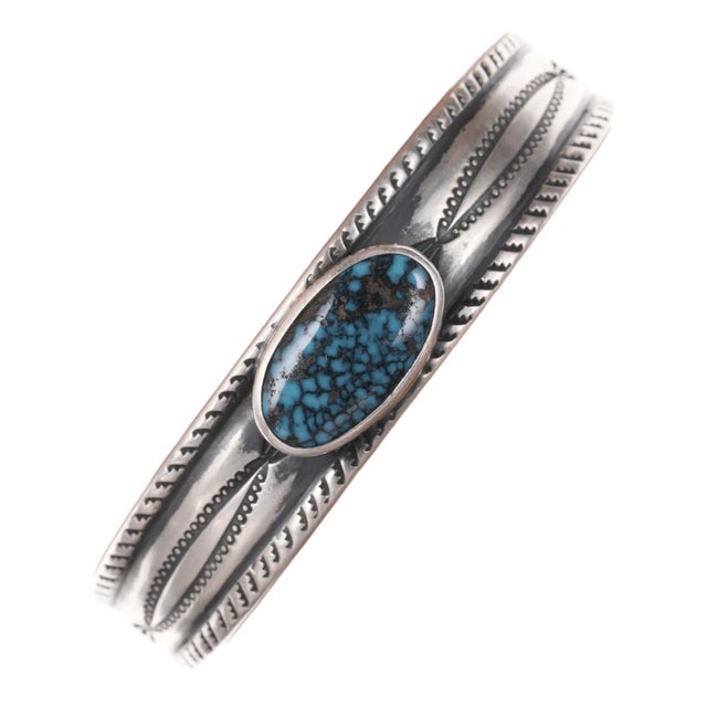 6.25" Alex Horst High Grade Spiderweb turquoise heavy stamped sterling bracelet c For Sale