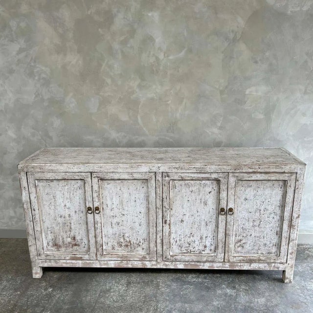 Reclaimed Elm & Pine Wood Cabinet in Distressed White With 4 Doors For Sale - Image 4 of 10