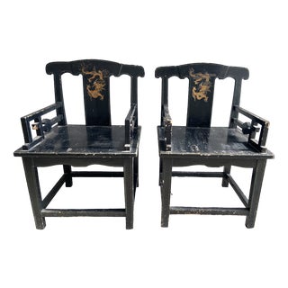 Set of 19th Century Chinese Chairs in Lacquered Black Wood with Gilt Decoration, 1890s For Sale