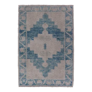 Modern Turkish Oushak Rug Blue and Beige Geometric Design 2'6 X 3'8