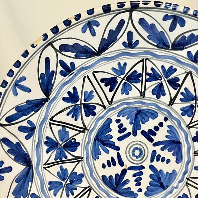 Mid-Century Boho Chic Mexican Folk Art Hand Painted Pottery Plate in Blue & White For Sale - Image 4 of 9