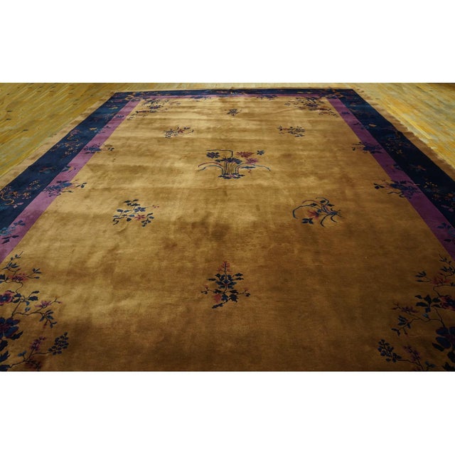 Antique Large Yellow Chinese Art Deco Hand Knotted Pile Rug, Country of Origin: China, Circa Date: 1920s. This exceptional...