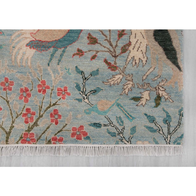 Persian 2.6x12ft. Light Blue Peacock Bird Garden Hand Knotted Wool Rug For Sale - Image 3 of 17