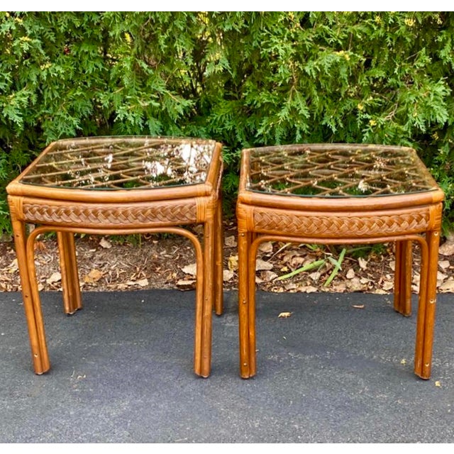 Vintage Palm Beach Style Rattan and Bamboo Side Tables With Glass Tops