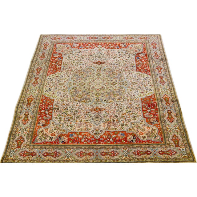 Persian 1960s Vintage Persian Tabriz Beige Handmade All-Over Medallion Wool Rug For Sale - Image 3 of 7