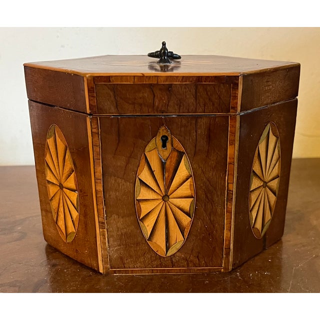 Antique Early 19th Century English George III Hexagonal Mahogany Tea Caddy of Elegant Proportion With Paterae Fan Inlay For Sale - Image 13 of 18