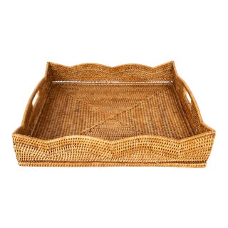 Artifacts Rattan Scallop Collection Square Tray with Cutout Handles in Honey Brown - 20" For Sale