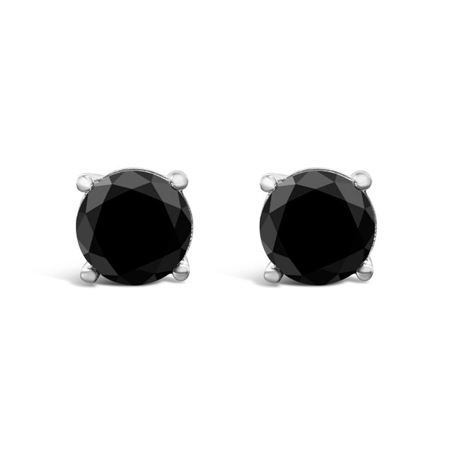 14K White Gold 6.00 Cttw Round Brilliant-Cut Black Diamond Classic 4-Prong Stud Earrings with Screw Backs (Fancy Color-Enhanced, I2-I3 Clarity) For Sale