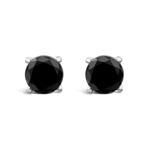 14K White Gold 6.00 Cttw Round Brilliant-Cut Black Diamond Classic 4-Prong Stud Earrings with Screw Backs (Fancy Color-Enhanced, I2-I3 Clarity)