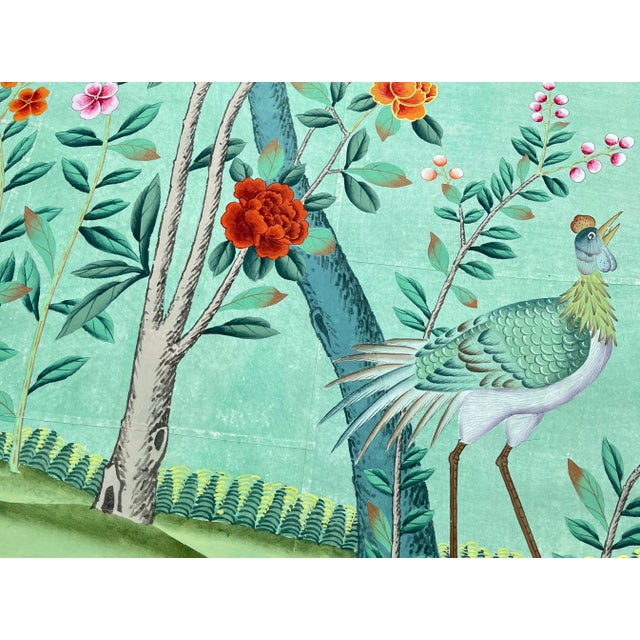 Chinoiserie Hand-Painted Chinoiserie Wallpaper Panels – Luxury Green Botanical Bird Mural, Elegant Floral Wall Art, 3 Panels 36x79” For Sale - Image 3 of 6