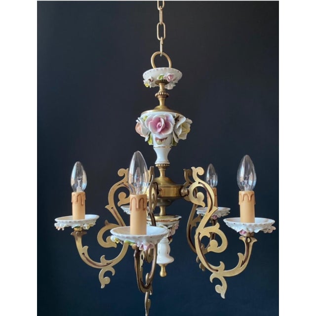 Antique Chandelier in Ceramic and Brass, 1960s For Sale - Image 3 of 11