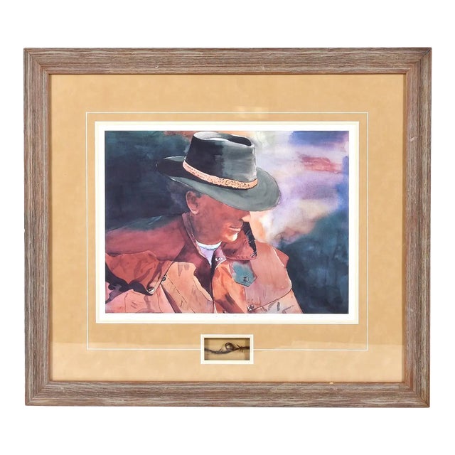 Western Cowboy Rancher Portrait With Barbed Wire Pencil Signed Lithograph For Sale