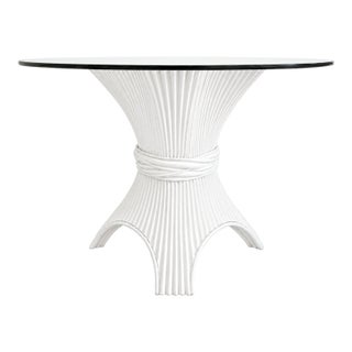 Vintage Sculptural Rattan Pedestal Table With Rounded Square Glass Top For Sale