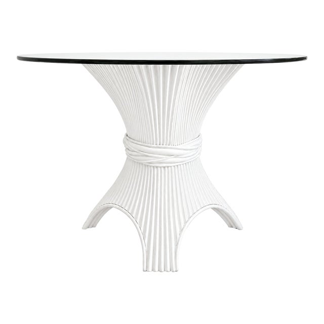 Vintage Sculptural Rattan Pedestal Table With Rounded Square Glass Top For Sale