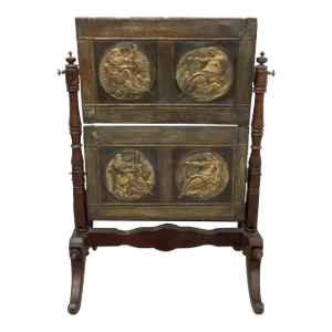 19th Century Edwardian Mahogany Brass and Metal Double Pivoting Figural Fire Screen