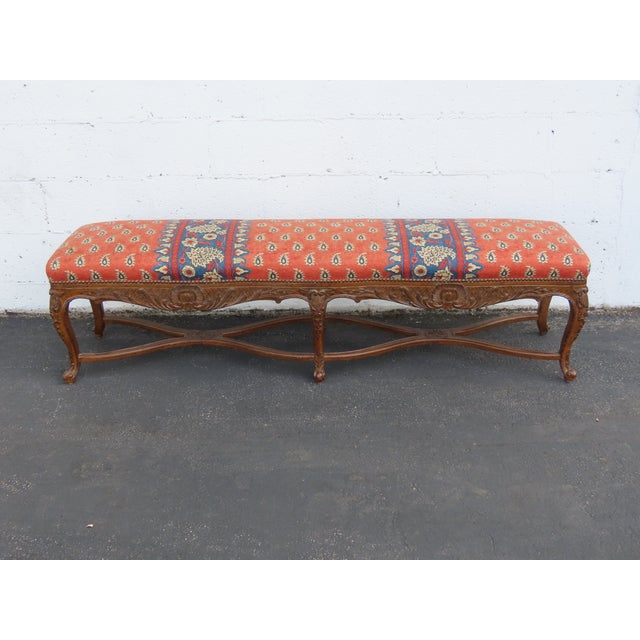French Heavy Carved Extra Long Upholstered Bed End Hallway Bench 6923 For Sale - Image 4 of 18