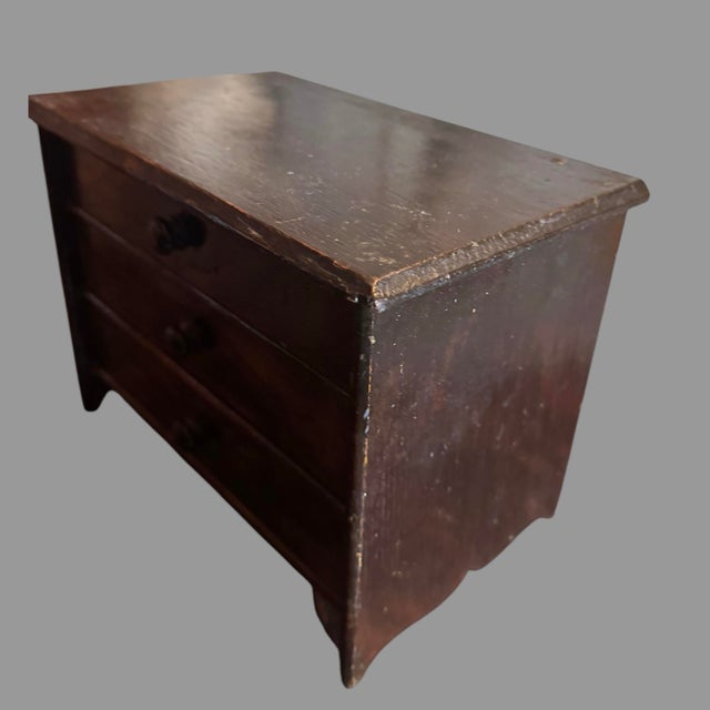Rustic Primitive Miniature Wood 3 Drawer Chest Dresser Old Varnish Finish Tabletop For Sale - Image 3 of 8