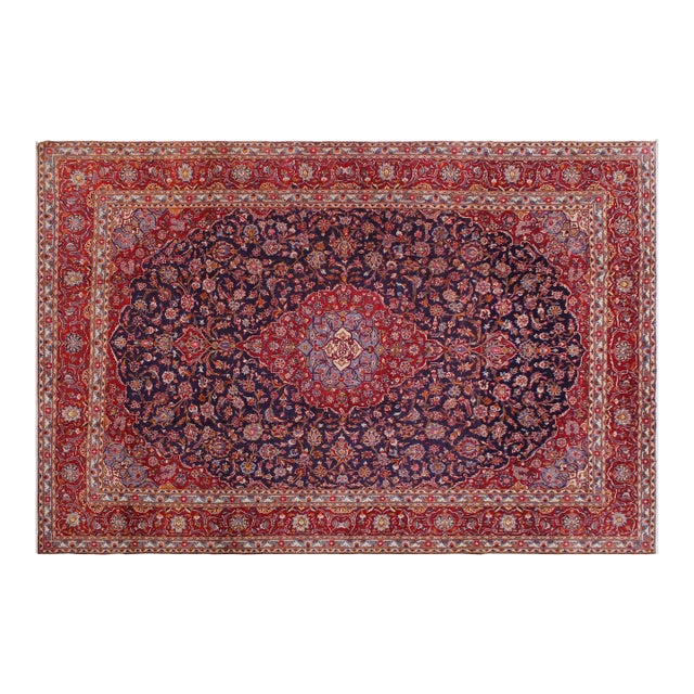 Vintage Handmade Blue Wool Rug With Medallion For Sale