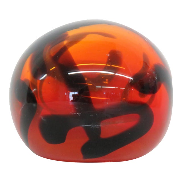 Hand Blown Art Glass Orange and Black Paperweight For Sale