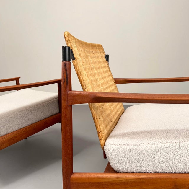 Set of Teak Armchairs with Rattan Backrests & Bouclé Covers by Carl Straub / Goldfeder, Germany 1960s For Sale - Image 12 of 15