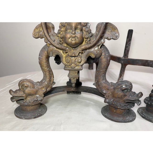 Large Pair of Antique Ornate Victorian Bronze Dolphin Cherub Fireplace Andirons For Sale - Image 9 of 14