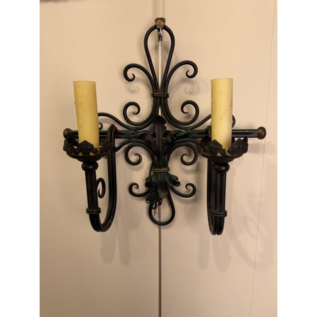 Dark Green 19th Century Iron Two-Arm Sconces, Circa 1890 For Sale - Image 8 of 12