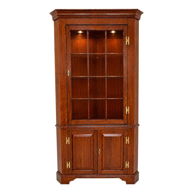 Henkel Harris Lighted Corner Cabinet Solid Wild Black Cherry For Sale