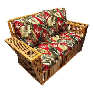 1990s Deco Style "Presidents" Stick Reed Rattan Nantucket 3-Seat Sofa, Floral Cushions For Sale