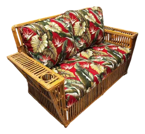 1990s Deco Style "Presidents" Stick Reed Rattan Nantucket 3-Seat Sofa, Floral Cushions