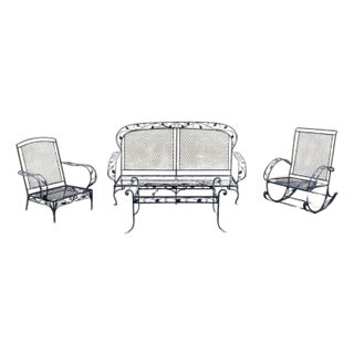 Mid 20th Century Vintage Salterini Style Art Nouveau Wrought Iron Garden Seating & Table, 4 Pieces, Attributed For Sale