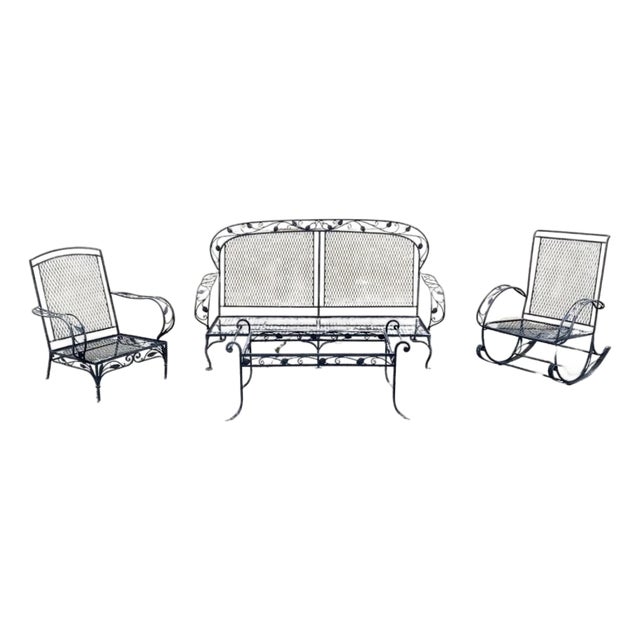 Mid 20th Century Vintage Salterini Style Art Nouveau Wrought Iron Garden Seating & Table, 4 Pieces, Attributed For Sale
